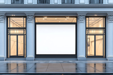 Fototapeta premium Large blank storefront window mockup on a high-end building with classic architectural details. Ideal for retail branding, luxury boutiques, and advertising displays. High-resolution and editable