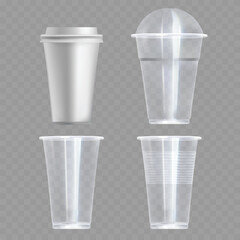 Transparent Plastic Cups Set Realistic Mockup Collection Vector