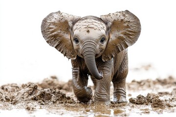 Fototapeta premium Joyful Calf Playing in Mud Puddle against White Background