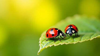 Fototapeta premium Two ladybugs on a green leaf.