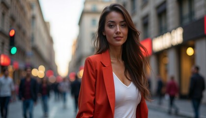 Fototapeta premium A girl in a red jacket on the background of a city street
