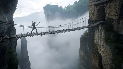 Fototapeta premium Intrepid fantasy adventurer carefully traversing a rickety suspension bridge over a misty fog filled canyon in a dramatic rugged mountain landscape