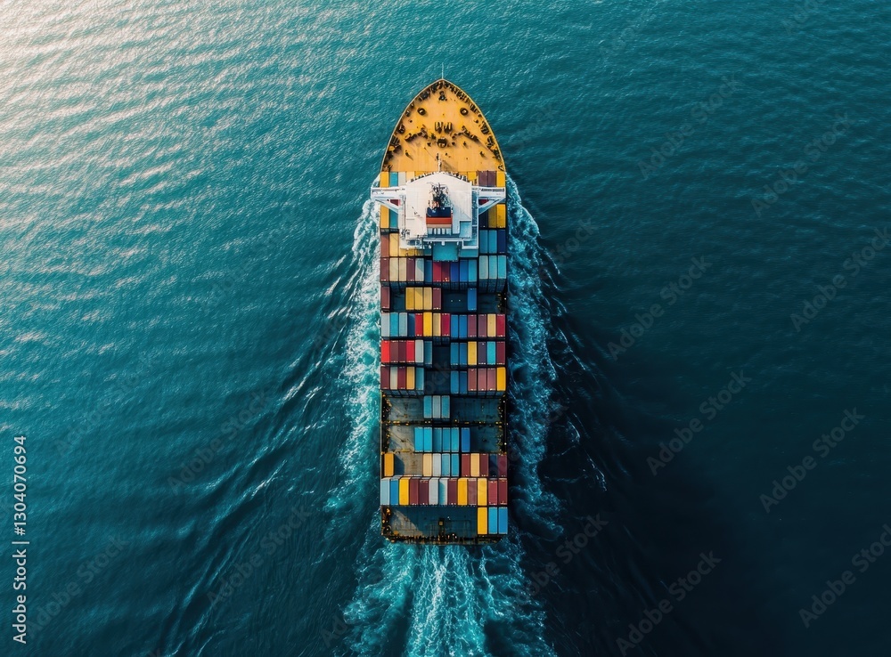Poster aerial view of a colorful cargo ship navigating through deep blue waters in a vast ocean landscape s