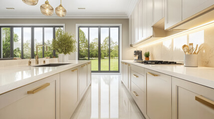Fototapeta premium Modern kitchen with neutral tones, large windows, and elegant fixtures, featuring spacious layout, sleek cabinetry, and bright atmosphere