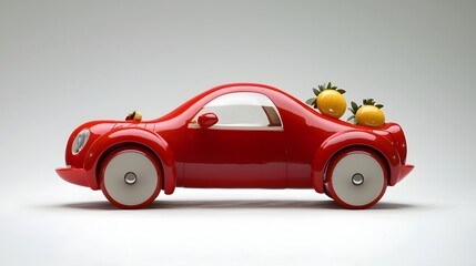 Luxury red bell pepper sports car with golden fruit accents a unique and innovative conceptual transportation design  This surreal and stylized vehicle blends elements of food produce