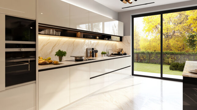 Elegant and functional neutral parallel kitchen with modern design, featuring sleek cabinetry, marble countertops, and large windows overlooking garden