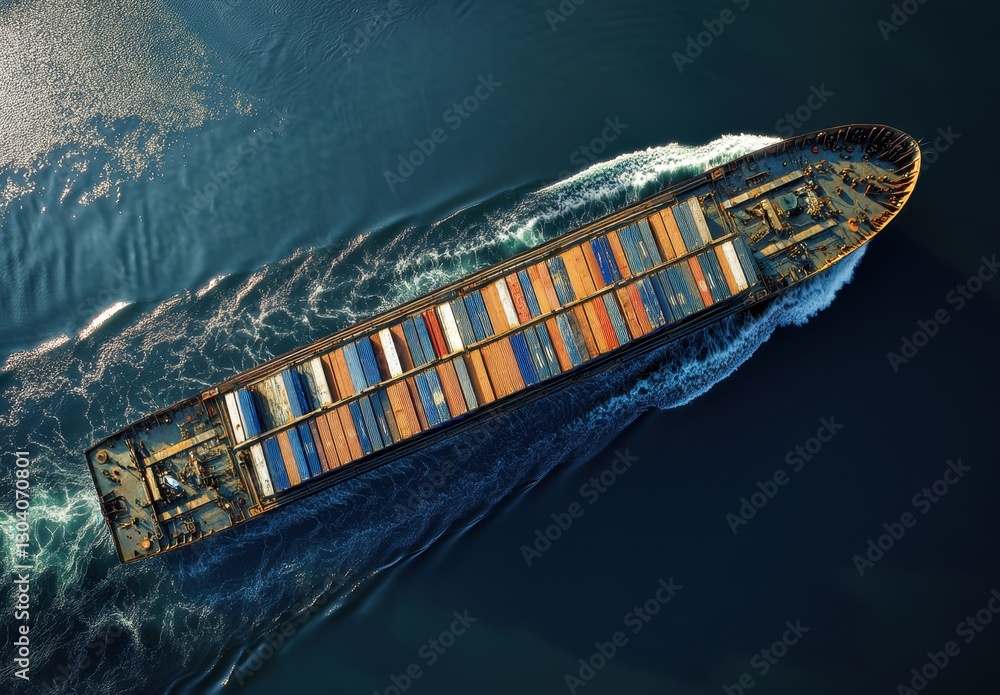 Poster aerial view of a container ship navigating through deep blue waters during bright daylight with colo