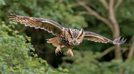 Obraz premium Majestic eagle owl swooping through the dense forest canopy talons ready to swiftly capture its nocturnal prey during a stealth hunting mission in the wilderness