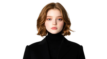 Obraz premium Elegant woman in classic black coat and turtleneck, a timeless fashion portrait.