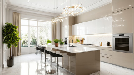 Modern neoclassical kitchen featuring refined detailing, elegant lighting, and lush greenery. spacious design includes large island and stylish bar stools, creating welcoming atmosphere