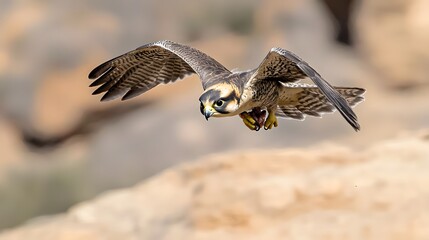 Fototapeta premium Peregrine Falcon Diving at Incredible Speed to Capture Prey in Mid Air Powerful and Majestic Aerial Predator Hunting and Swooping Down on Its Target with Precision and Grace