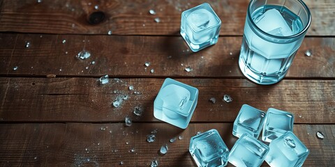 Vintage wooden table with glass of water and ice cubes, rustic charm, aged appearance, noise texture, water, wooden