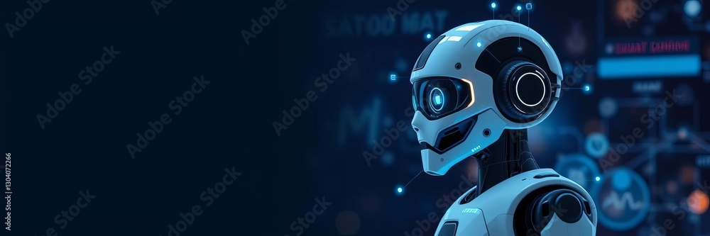 Poster vector illustrations of robots providing customer service using artificial intelligence technology, 