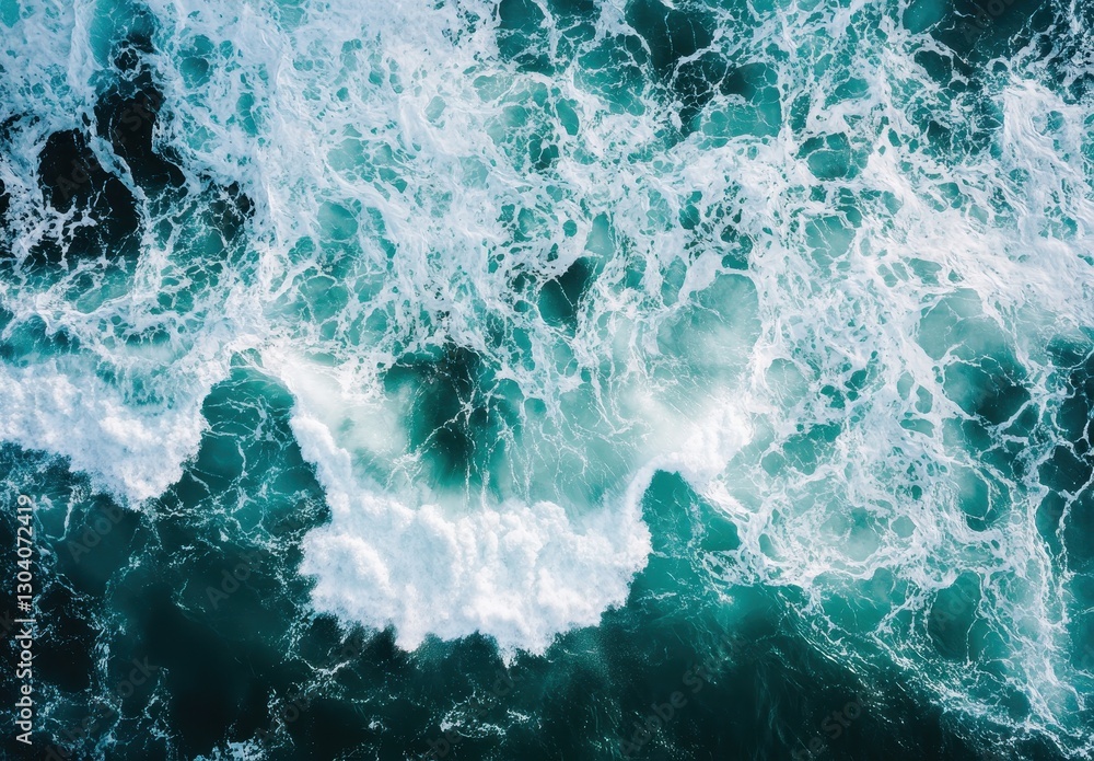 Poster aerial view of turquoise ocean waves with white foam creating patterns against dark water surface de