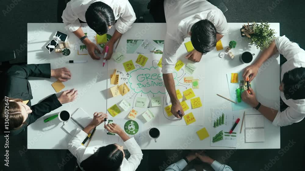 Poster top view of professional business team working together to brainstorm environmental idea by using mi
