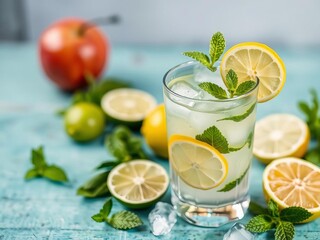 Fototapeta premium Refreshing mojito cocktail with rum, lime, mint, and lemon slices, summer, drink