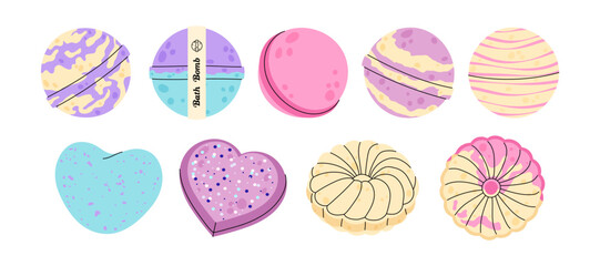 Set different flavours bath bombs. Aroma cosmetic product for body care. Kids hygiene procedure. Foam and bubbles illustration.