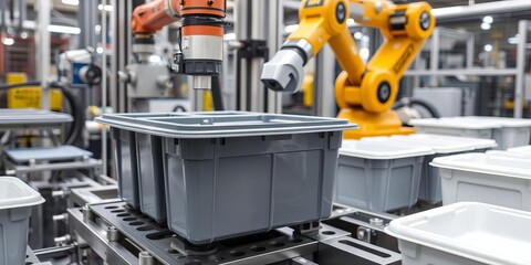 Robotic arm gripping plastic container part at injection machine in manufacturing plant, mechanical arm, injection machine