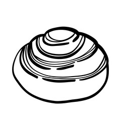 Hand drawn rolled bun. Bakery design elements. Doodle food on white background. Black and white line illustration of bun. Cinnabon bun.