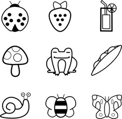 Animals and spring icon seamless pattern. Set of various springs. Hand drawn springs icon design. Butterfly, bee, snail, frog, mushroom, strawberry, bugs, drink, peas. 