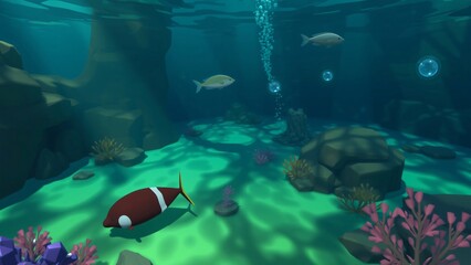 Underwater Scene Cartoon Style Fish and Coral Reef