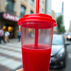 Transparent Cup with Luscious Red Drink, Floating Fruit Beads, Matching Red Lid & Straw, Set Against Bold Monochromatic Red Background with Glossy Reflections for a Refreshing, Tantalizing Look