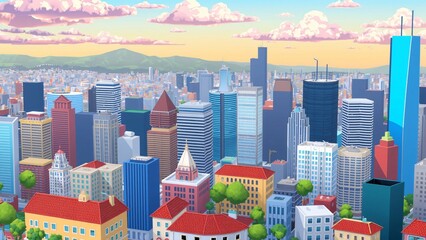 Vibrant Cityscape at Sunset Cartoon Style Urban Panorama