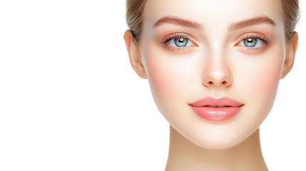 Captivating closeup, woman with piercing blue eyes and soft pink lips, a portrait of natural beauty