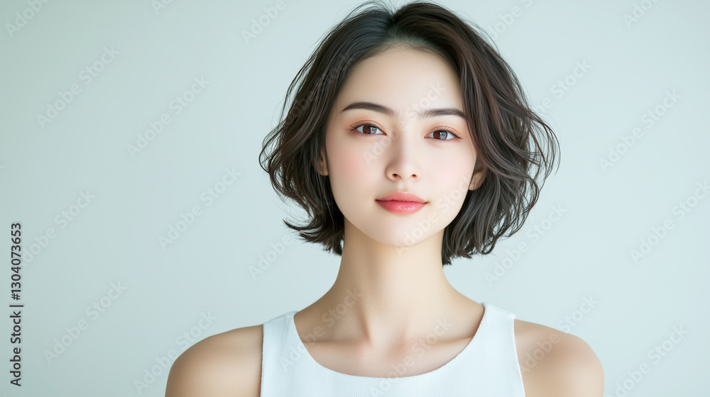 Poster ショートカットの美肌で若くて綺麗なアジア人女性モデルの美容・ファッションポートレート