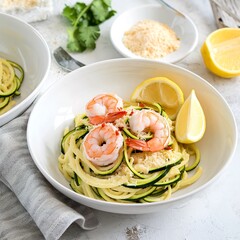 Shrimp and zucchini noodles or zoodles pasta with parmesan and chili flakes with lemon in white bowls