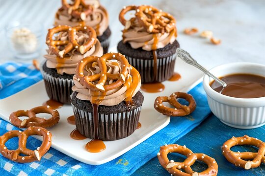 Salted caramel chocolate cupcakes with syrup and pretzels - Powered by Adobe
