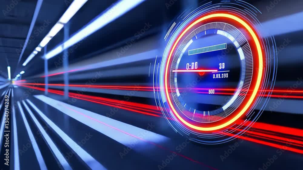 Poster futuristic digital speedometer with glowing red and blue lights in tunnel dynamic display of speed, 
