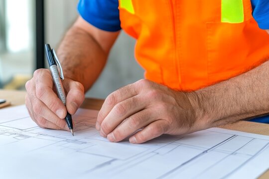 A construction worker carefully measuring blueprints, ensuring precision and dependability