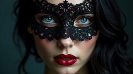 close-up of a woman's eye partially hidden behind an intricate lace mask, set in a bold red-themed background. The image exudes mystery, elegance, and sensuality with fine details