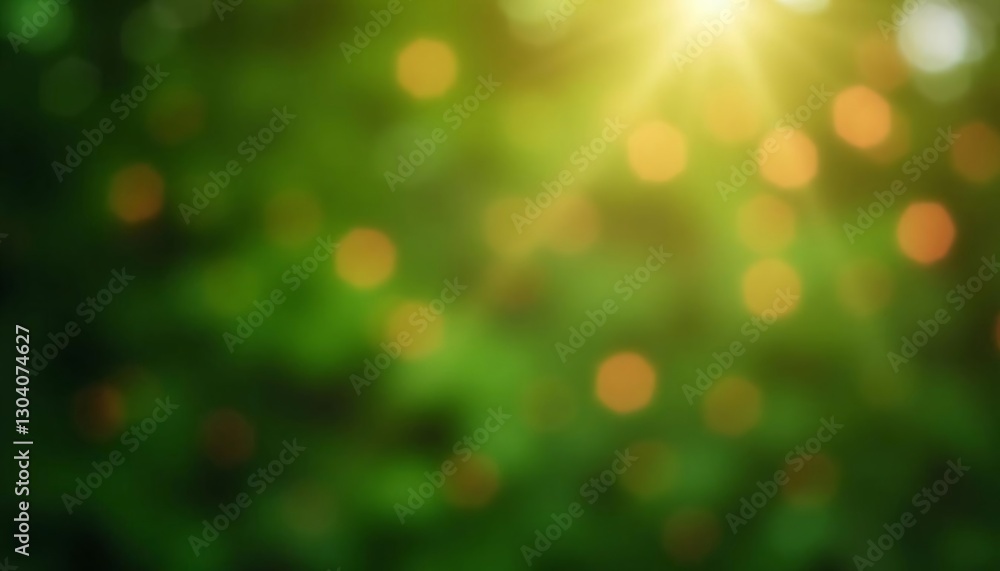 Poster sunlight streaming through lush green forest canopy with blurred bokeh effect. nature background for