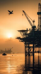 Obraz premium Offshore Oil Rig Silhouette at Sunset