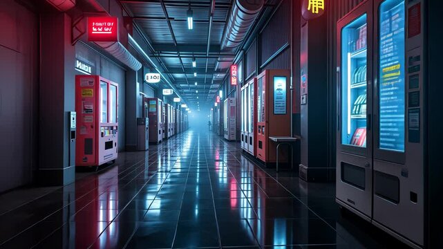  Neon-lit vending machines in a dimly lit subway station