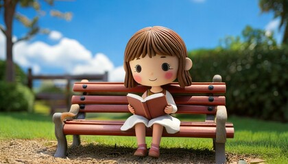 公園のベンチで本を読む女の子のミニチュア