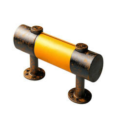 A rusty industrial component with a yellow center, mounted on two bases, showcasing a mix of metal textures and colors.
