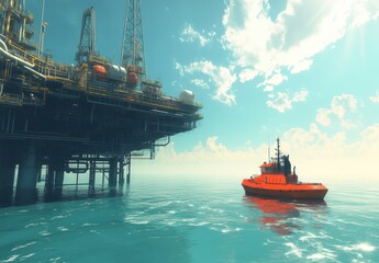 Obraz premium Bright and Clear Day at Offshore Oil Rig with Tugboat in Calm Waters Under a Blue Sky with Fluffy Clouds and Sunlight Reflection