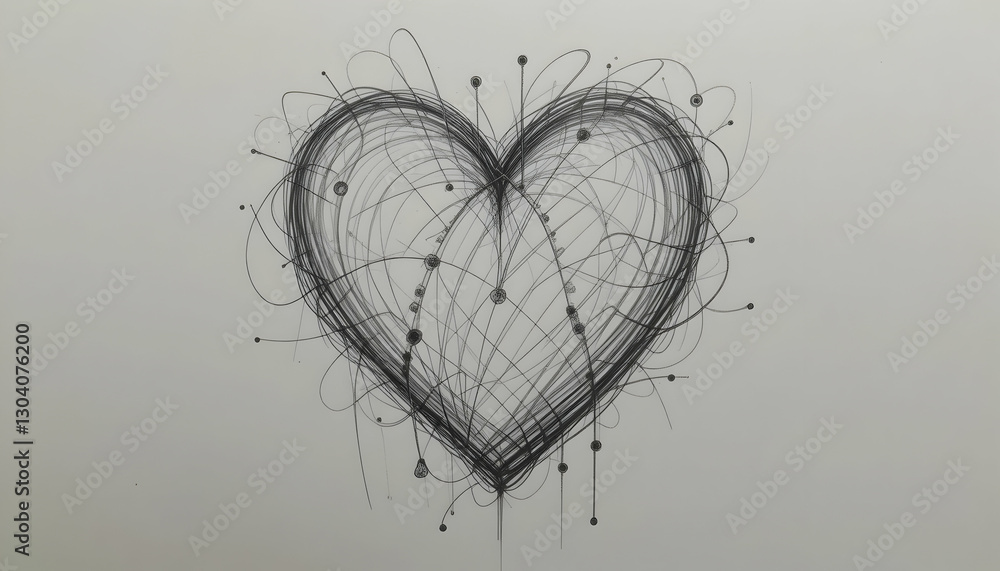 Poster Sketch of Scribbled Heart Shape with Decorative Lines and Dots