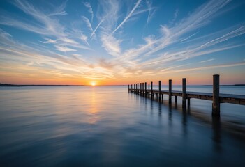 Fototapeta premium Serene Sunset Over Water Awaits. A Wooden Pier Extends Into Calmness. Golden Hour's Embrace, Ripples Dance, Cloud Painted Sky. Beauty And Tranquility Converge. Peaceful Nature Scene