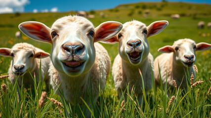 Fototapeta premium Sheep in the meadow gazing directly at the camera lens, creating a captivating scene of sheep in the meadow,sheep is looking at you from its meadow on farm background