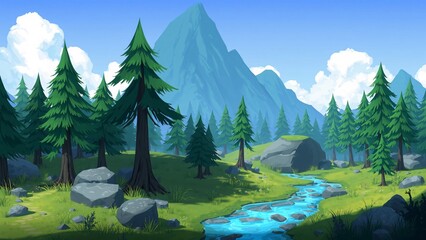 Idyllic Mountain Stream and Pine Forest Landscape - Cartoon Style Illustration