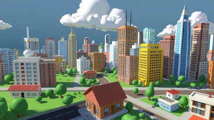 Cartoon Cityscape Low-Poly 3D Render of a Fun and Vibrant Urban Landscape