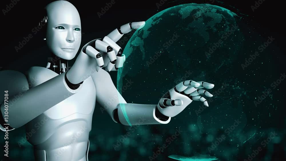 Poster ai robot huminoid uses cloud computing technology to store data on online server . futuristic concep