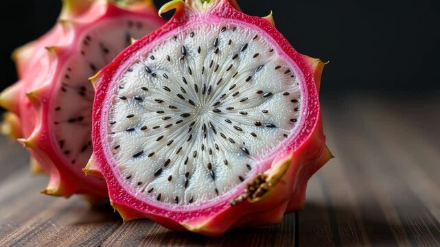  Two halves of a pink dragon fruit with black seeds on a wooden surface