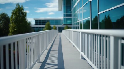 Modern office building walkway under a partly cloudy sky