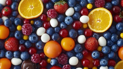 Colorful fruit and candy mix, overhead shot, food background, healthy snack