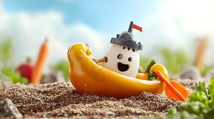 Whimsical of a Rescue Boat Made from a Hollow Bell Pepper with Carrot Paddles Saving the Day in an Outdoor Natural Environment